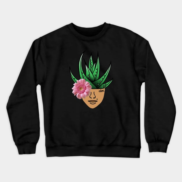 Aloe Plant on a Surreal Human Face, Wearing a Pink Gerber Daisy Eyepatch. Crewneck Sweatshirt by Tenpmcreations